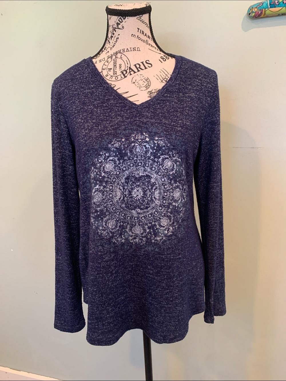 Sonoma Women’s Small Hacci Knit Navy Blue Long Sleeve Top with Mandala Medallion
